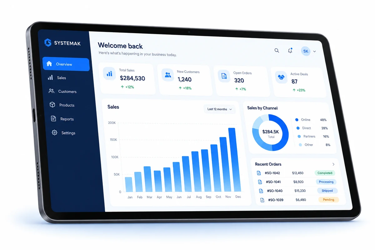 Landscape tablet mockup showing an English business management system and sales analytics