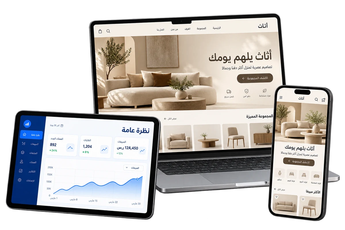 موكاب توضيحي لمتجر أثاث ولوحة إدارة على لابتوب وتابلت وهاتف