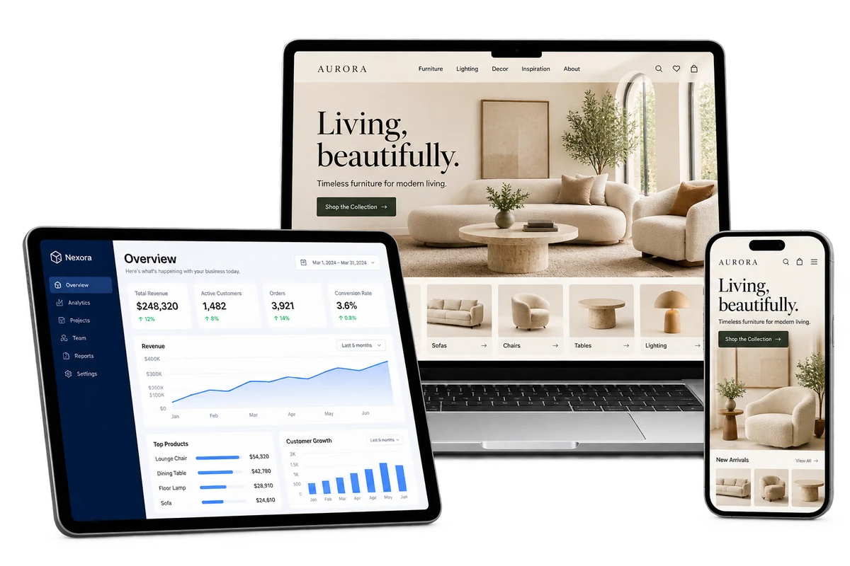 Illustrative furniture storefront and dashboard mockup on a laptop, tablet and phone