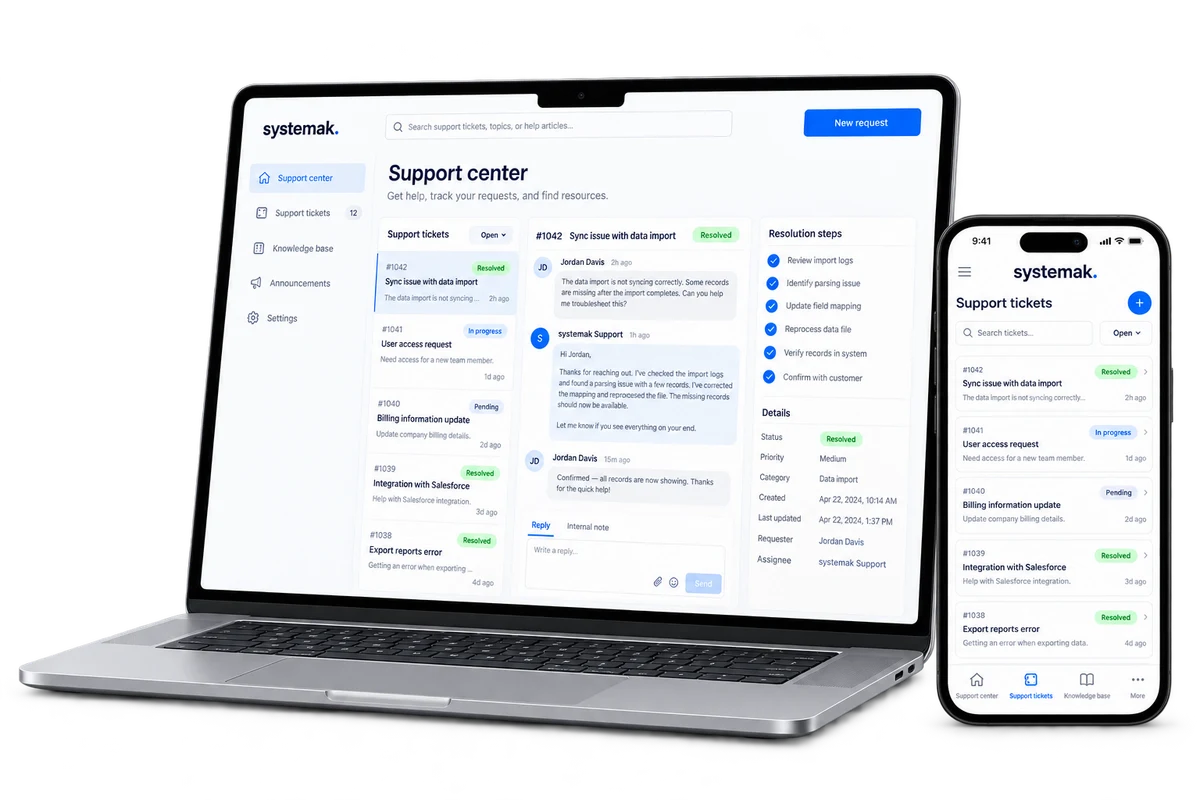 Laptop and phone mockup showing support tickets, a conversation and resolution steps